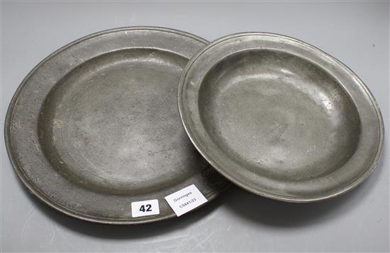 A George III pewter charger by William Hogg of Newcastle, diameter 34cm and a dished plate 27cm